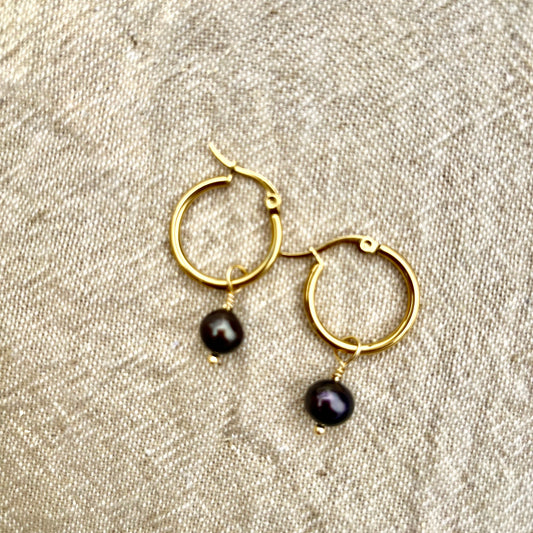 Black Pearl Hoop Earrings