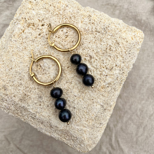 Black Pearl Trio Hoop Earrings